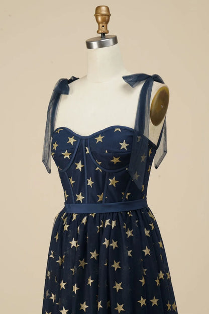 A-Line Tea Length Party Dress WIth Star Pattern