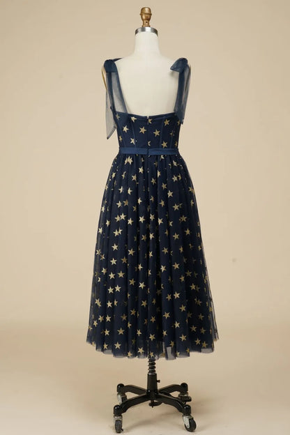 A-Line Tea Length Party Dress WIth Star Pattern