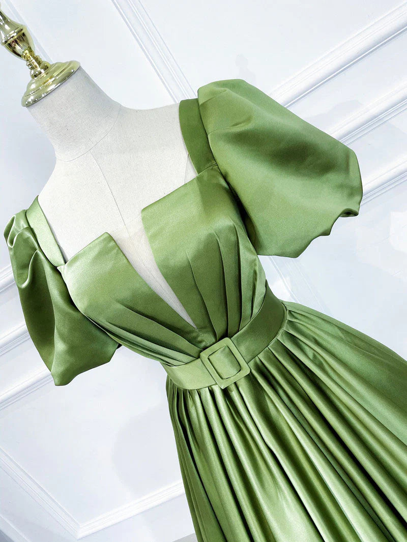 Green satin long prom dressgreen satin evening dress