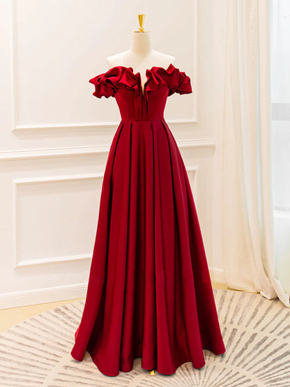 A-Line Off Shoulder Satin Burgundy Long Prom Dress