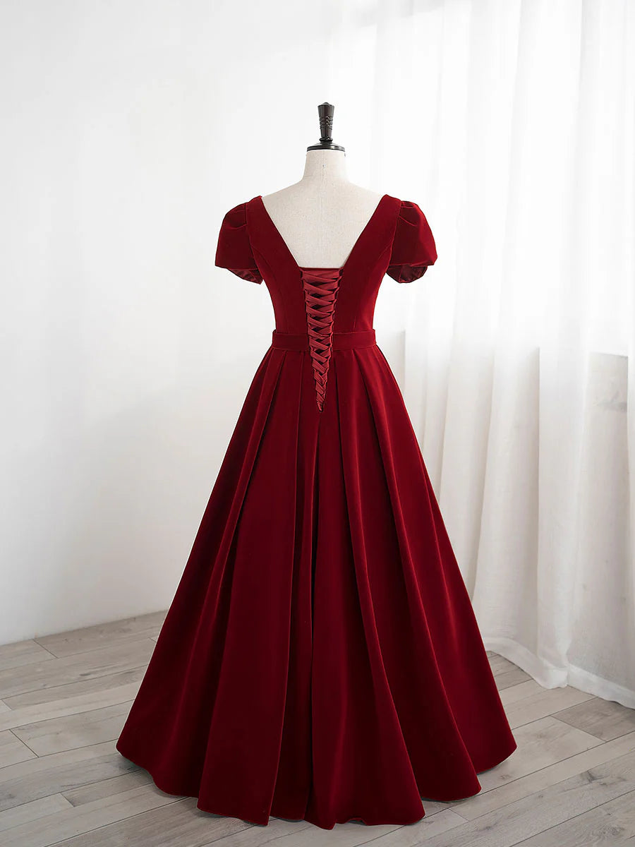 A line velvet burgundy long prom dress burgundy bridesmaid dress