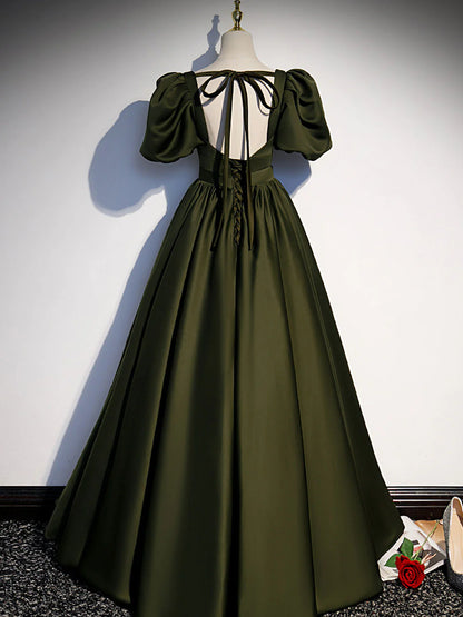 Green satin A line long prom dressgreen formal party dress