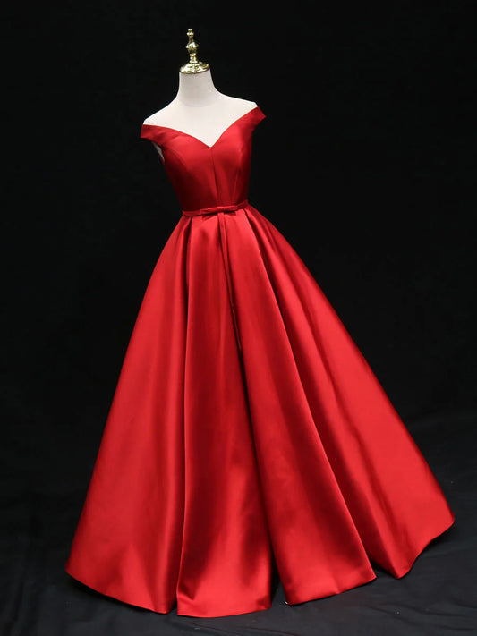 Simple A line satin red ling prom dressred bridesmaid dress