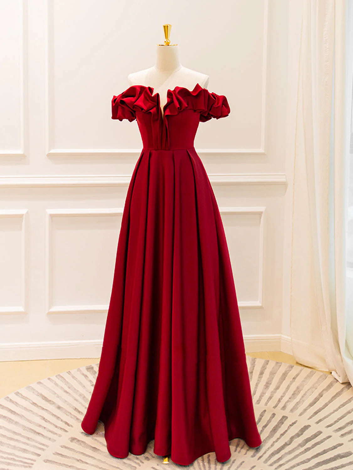 A-Line Off Shoulder Satin Burgundy Long Prom Dress