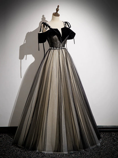 A-Line Off Shoulder Tulle Black Long Prom Dress