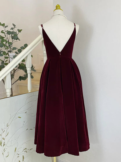 A-Line V Neck Velvet Burgundy Tea Length Prom Dress