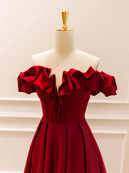 A-Line Off Shoulder Satin Burgundy Long Prom Dress