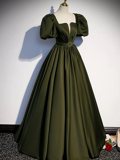 Green satin A line long prom dressgreen formal party dress