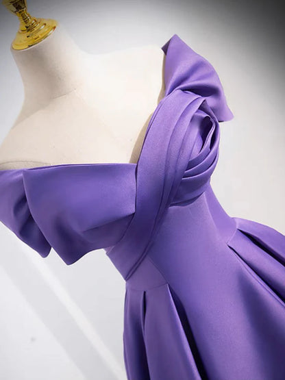 Simple Off Shoulder Satin Purple Long Prom Dress