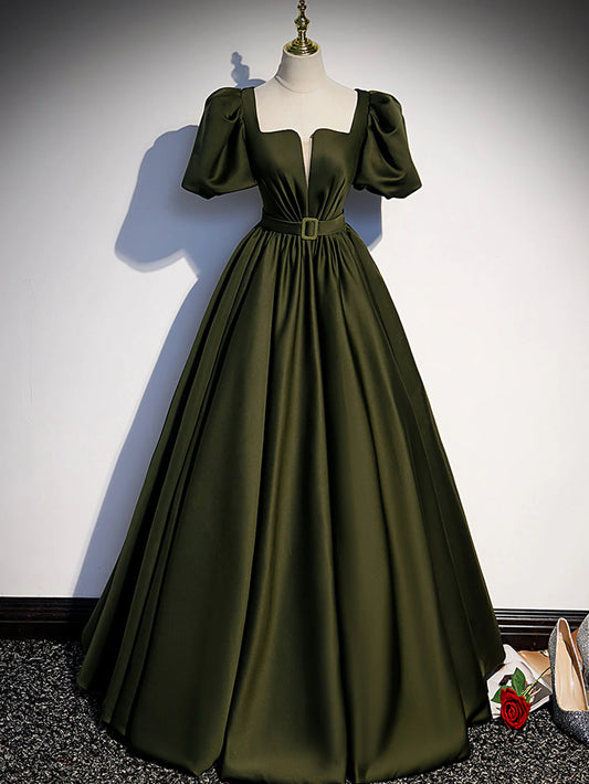 Green satin A line long prom dressgreen formal party dress