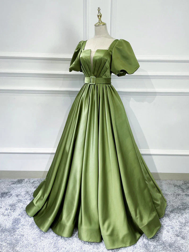 Green satin long prom dressgreen satin evening dress