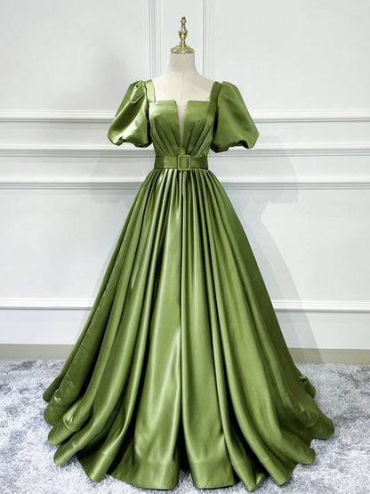 Green satin long prom dressgreen satin evening dress