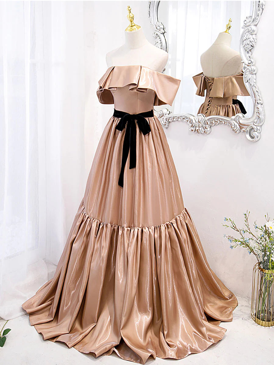 Simple champagne off shoulder long prom dress champagne bridesmaid dress