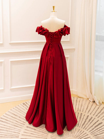 A-Line Off Shoulder Satin Burgundy Long Prom Dress