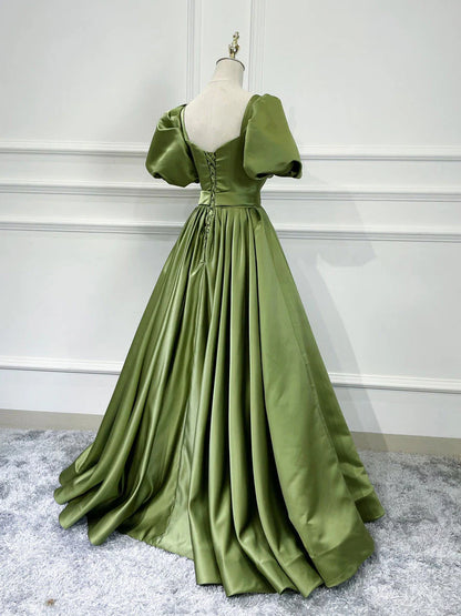 Green satin long prom dressgreen satin evening dress