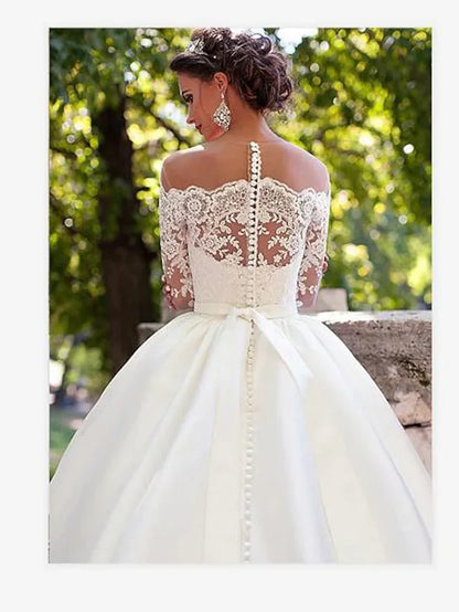 A-Line Wedding Dresses Off Shoulder Court Train Lace Long Sleeve Country Illusion Sleeve