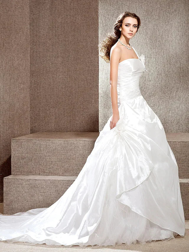 Princess A-Line Wedding Dresses One Shoulder Cathedral Train Taffeta Sleeveless