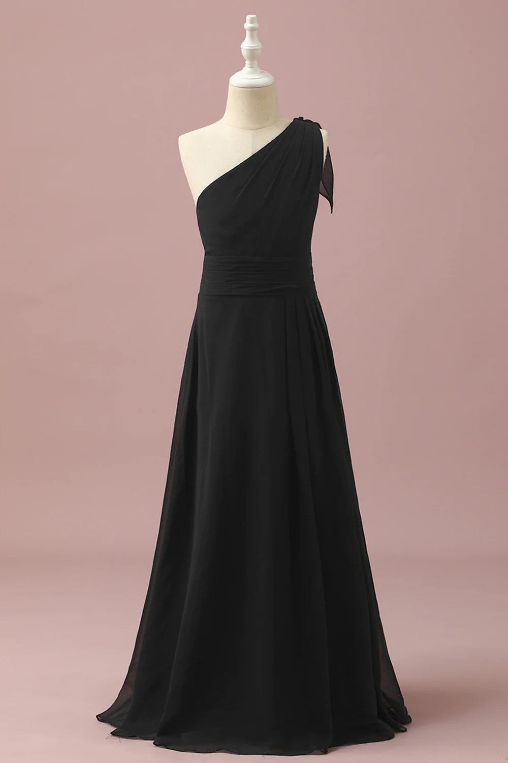 Black Chiffon One Shoulder A-Line Junior Bridesmaid Dress