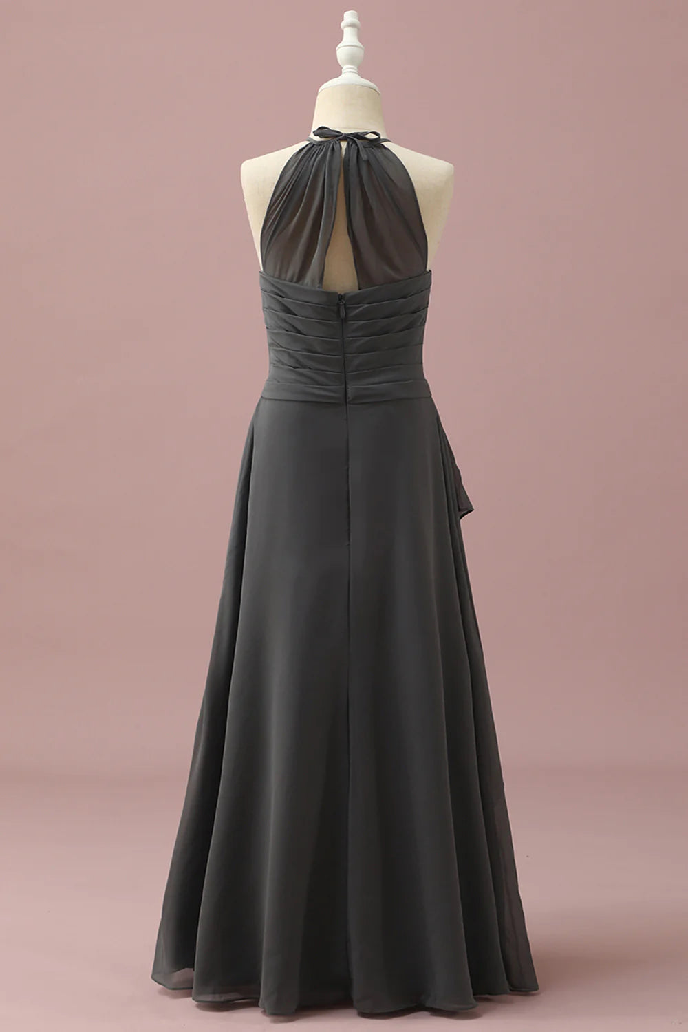 Black Halter Neck A-Line Junior Bridesmaid Dress With Cascading Ruffles