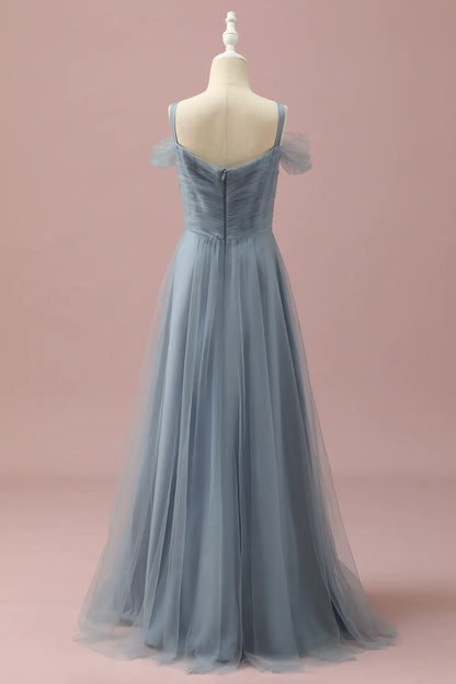 Grey Blue Cold Shoulder Tulle Junior Bridesmaid Dress