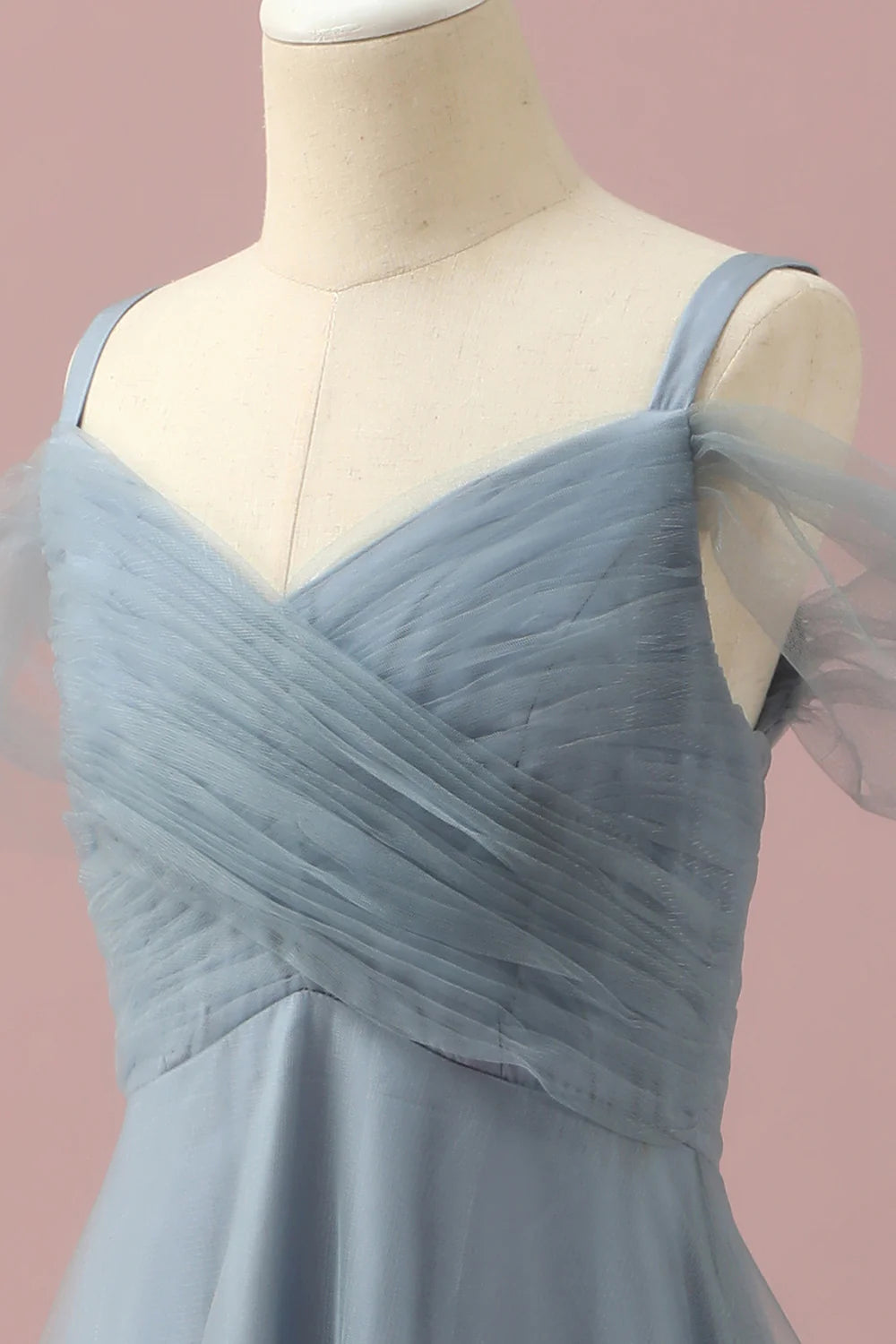 Grey Blue Cold Shoulder Tulle Junior Bridesmaid Dress