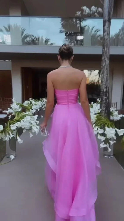 A Line Tulle Ruffle Pink Prom Dresses Strapless Modest Formal Prom Dresses