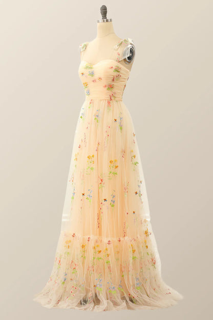 Champagne A-line Embroidered Long Prom Gown