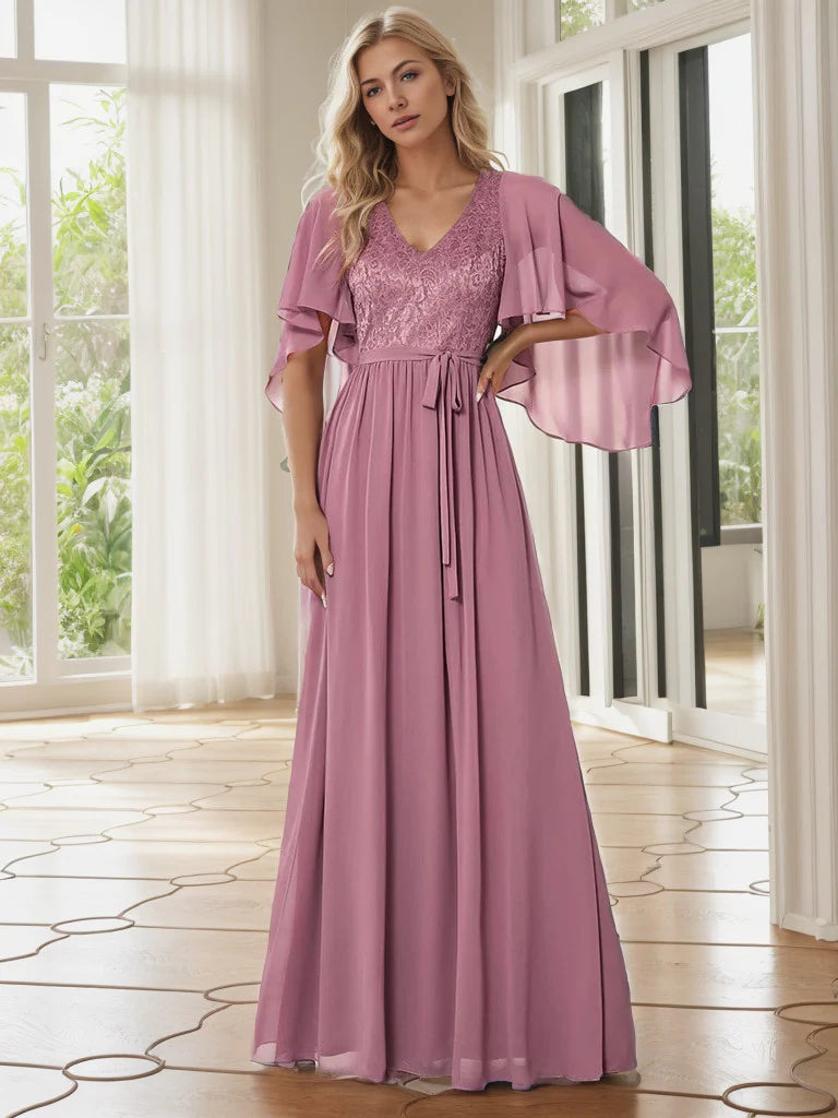 Deep V Neck Lace Bodice Long Flowy Evening Dress