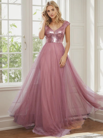 Shiny Sequin Bodice Off the Shoulder Maxi Tulle Evening Dress