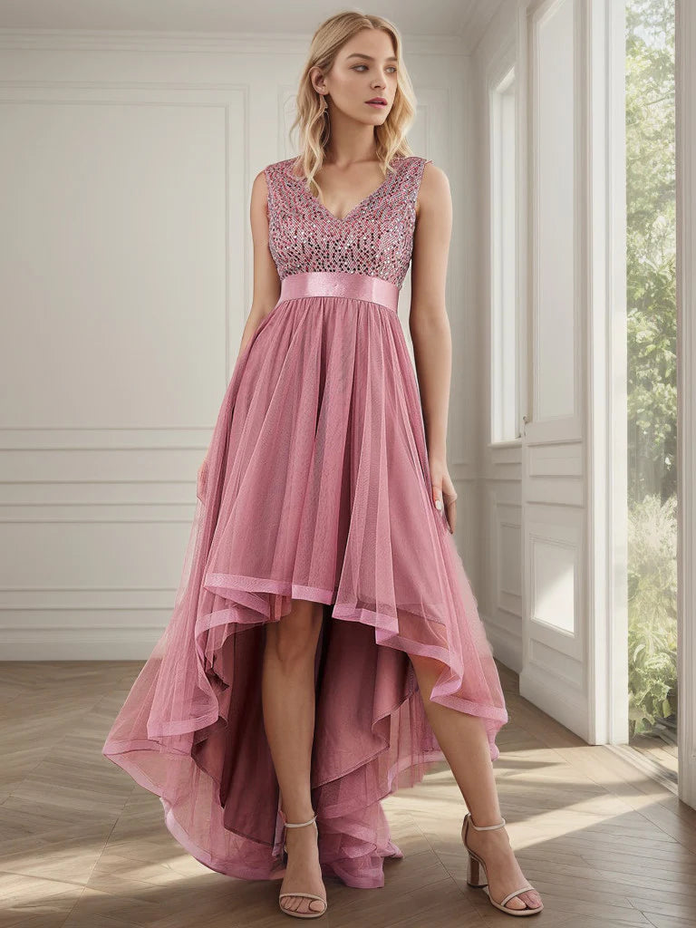 DingjiSleeveless Sequin Ribbon Waist Tulle High Low Evening Dress