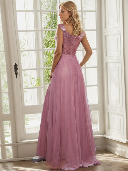 Shiny Sequin Bodice Off the Shoulder Maxi Tulle Evening Dress