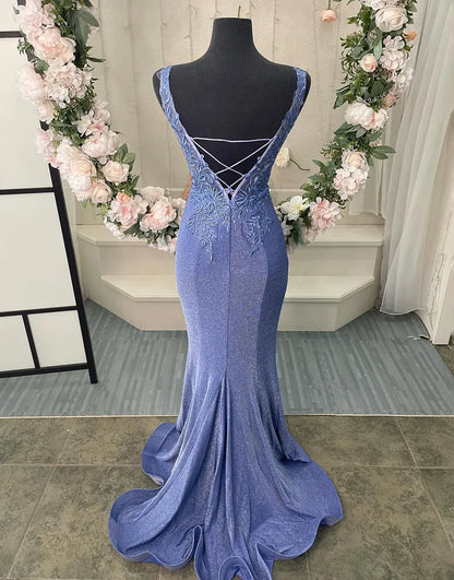 Corset Back Long Prom Dress V-Neck With Appliques