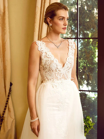 Wedding Dresses V Neck Chapel Train Lace Tulle Regular Straps See-Through with Appliques