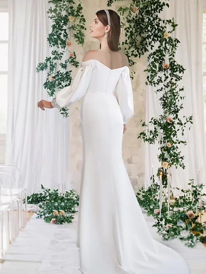 Wedding Dresses Off Shoulder Stretch Fabric Half Sleeve Simple with Split Front