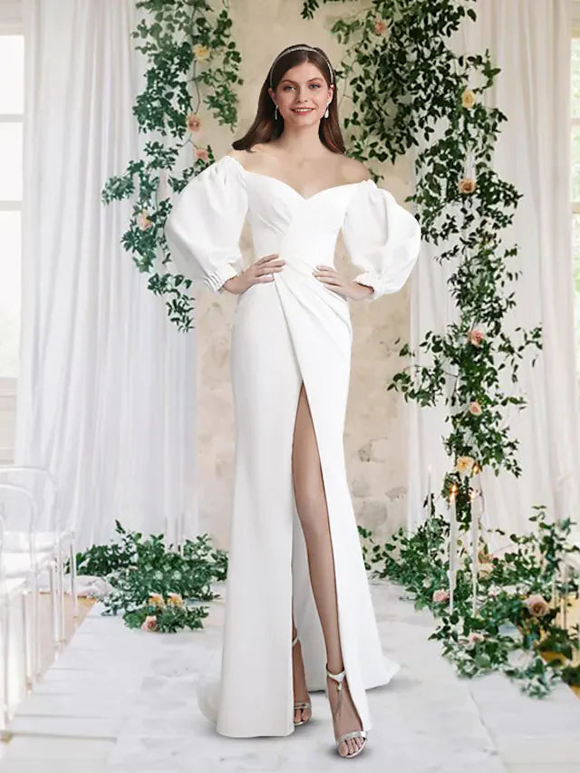 Wedding Dresses Off Shoulder Stretch Fabric Half Sleeve Simple with Split Front