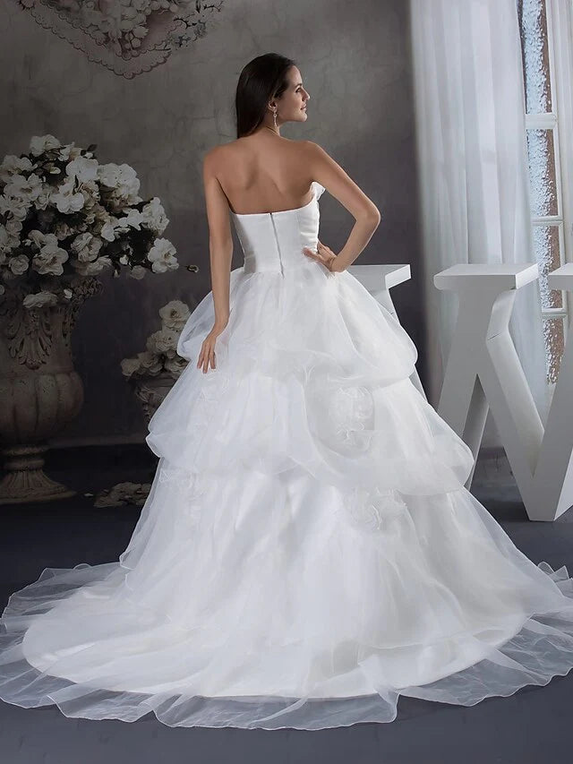 A-Line Wedding Dresses Strapless Chapel Train Organza Satin Strapless with Pick Up Skirt