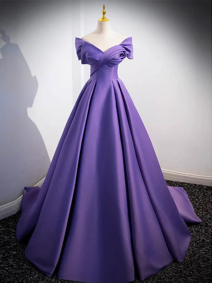 Simple Off Shoulder Satin Purple Long Prom Dress