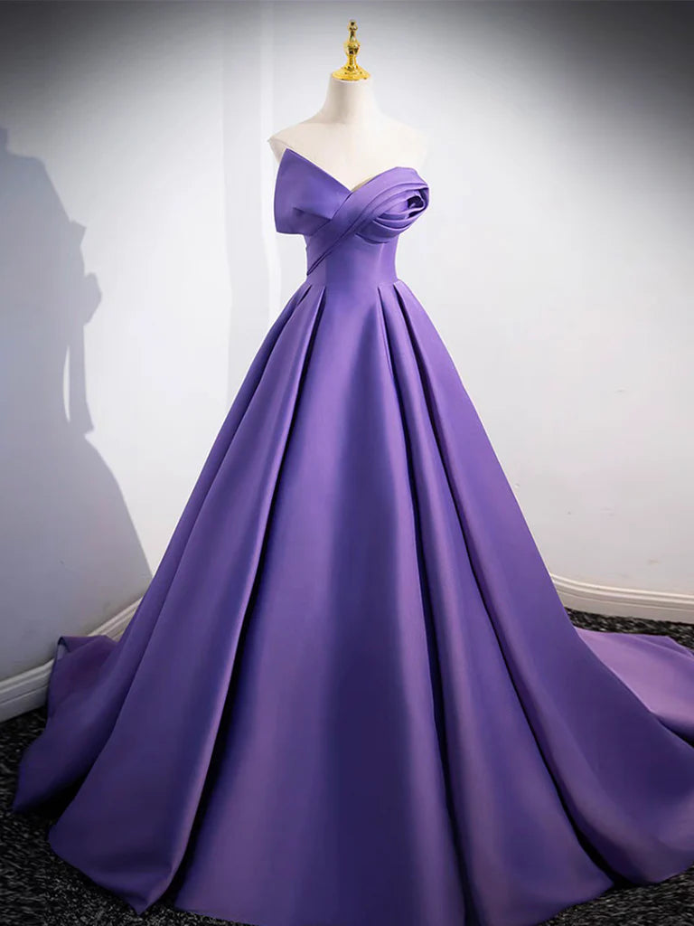 Simple Off Shoulder Satin Purple Long Prom Dress