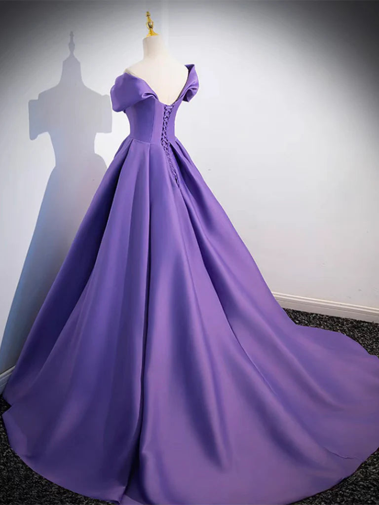 Simple Off Shoulder Satin Purple Long Prom Dress