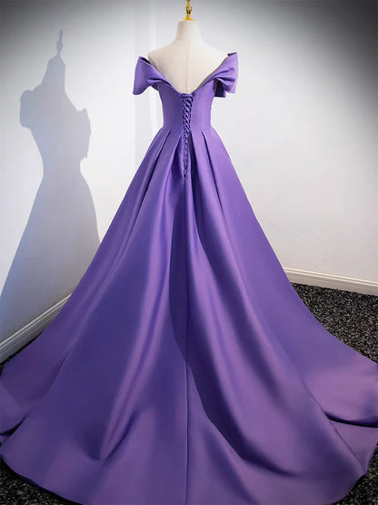 Simple Off Shoulder Satin Purple Long Prom Dress