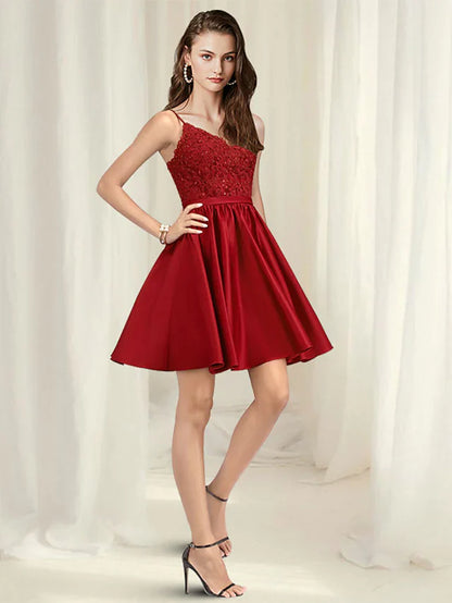 A-Line Minimalist Sexy Homecoming Party Wear Dress V Neck Spaghetti Strap Sleeveless Short Mini Lace Satin with Pleats