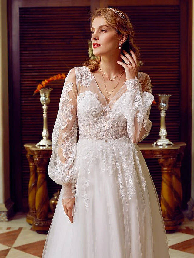 A-Line Wedding Dresses V Neck Lace Tulle Long Sleeve See-Through with Appliques