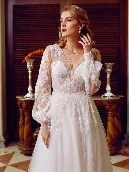 A-Line Wedding Dresses V Neck Lace Tulle Long Sleeve See-Through with Appliques