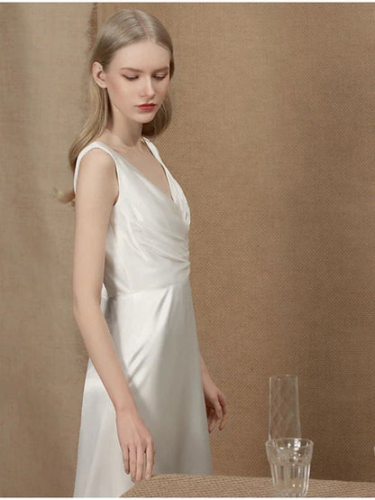 A-Line Wedding Dresses V Neck Charmeuse Sleeveless Simple Vintage with Ruched