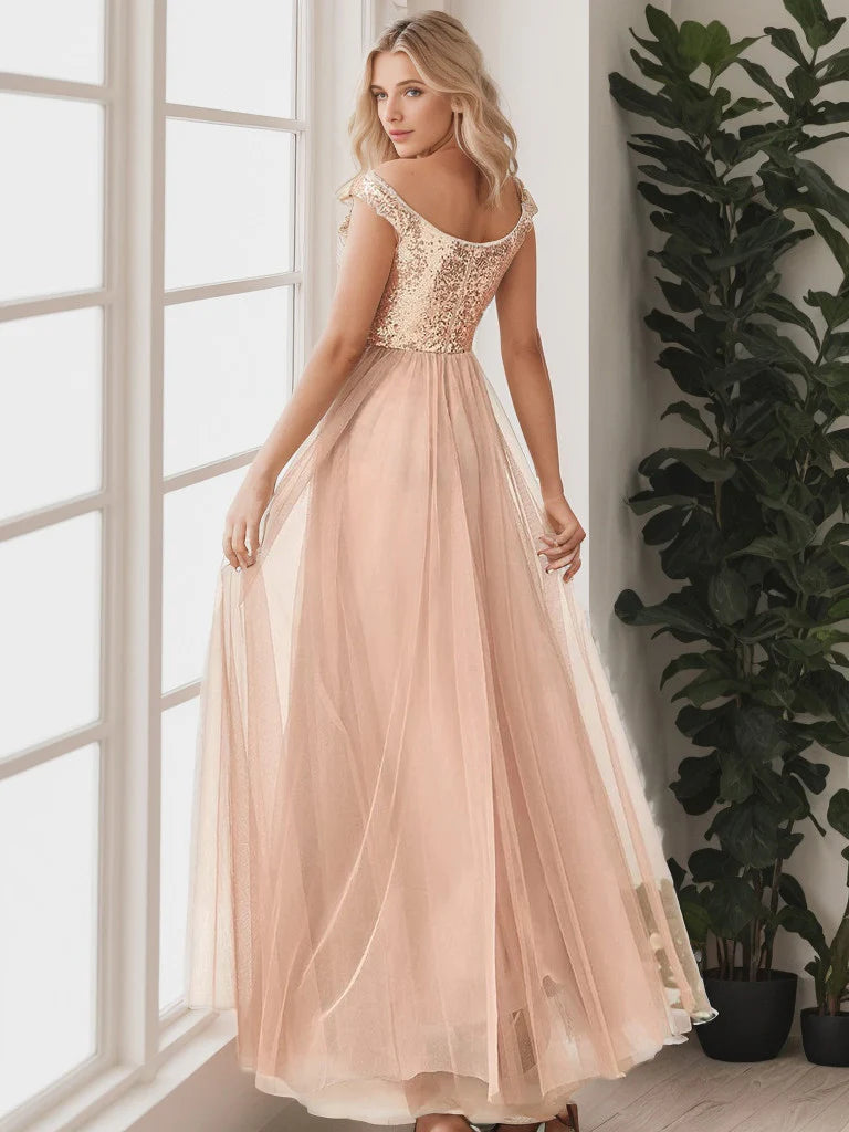 Shiny Sequin Bodice Off the Shoulder Maxi Tulle Evening Dress