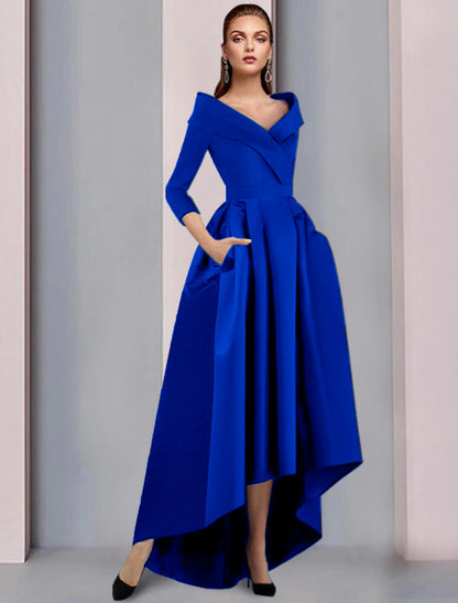 A-Line Mother of the Bride Dress Wedding Guest Elegant High Low Sweet Spaghetti Strap Asymmetrical Tea Length Satin 3/4 Length Sleeve with Pleats Fall