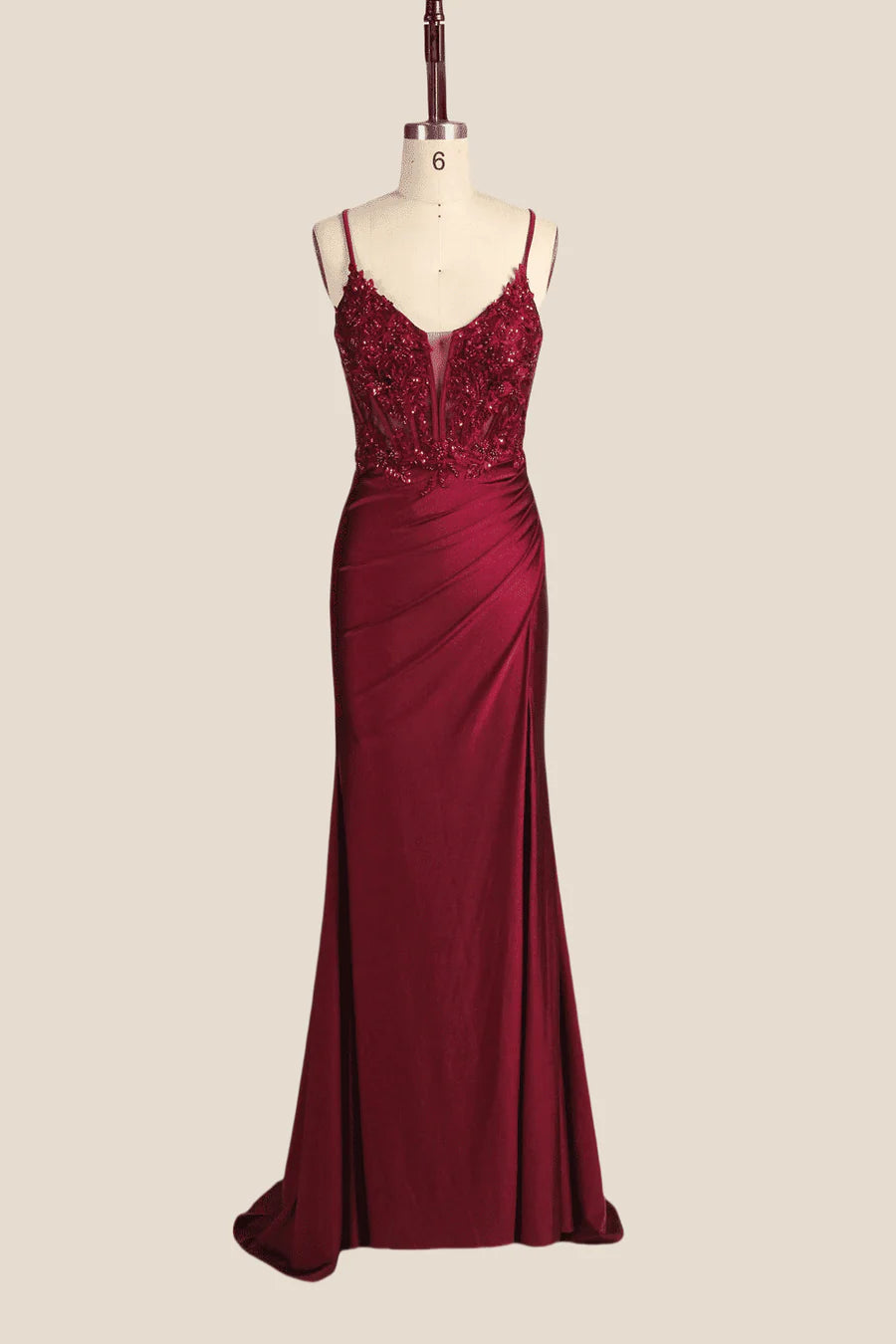 Wine Red Appliques Ruched Long Prom Dress with Slit