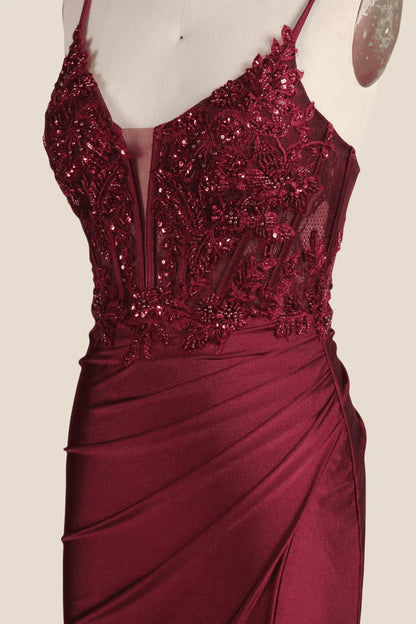 Wine Red Appliques Ruched Long Prom Dress with Slit