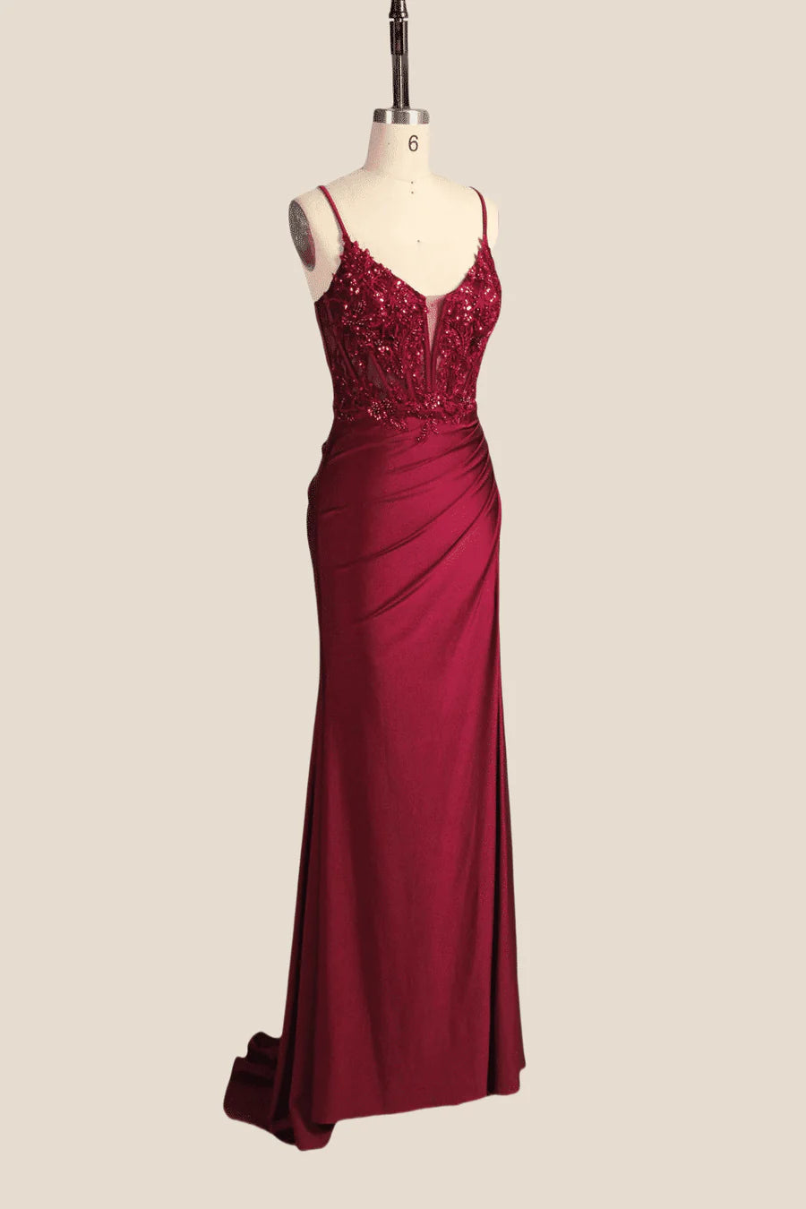 Wine Red Appliques Ruched Long Prom Dress with Slit