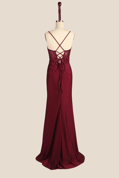 Wine Red Appliques Ruched Long Prom Dress with Slit